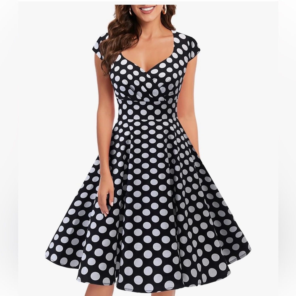 Bbonlinedress black and white polka dot 1950s style cocktail party swing dress